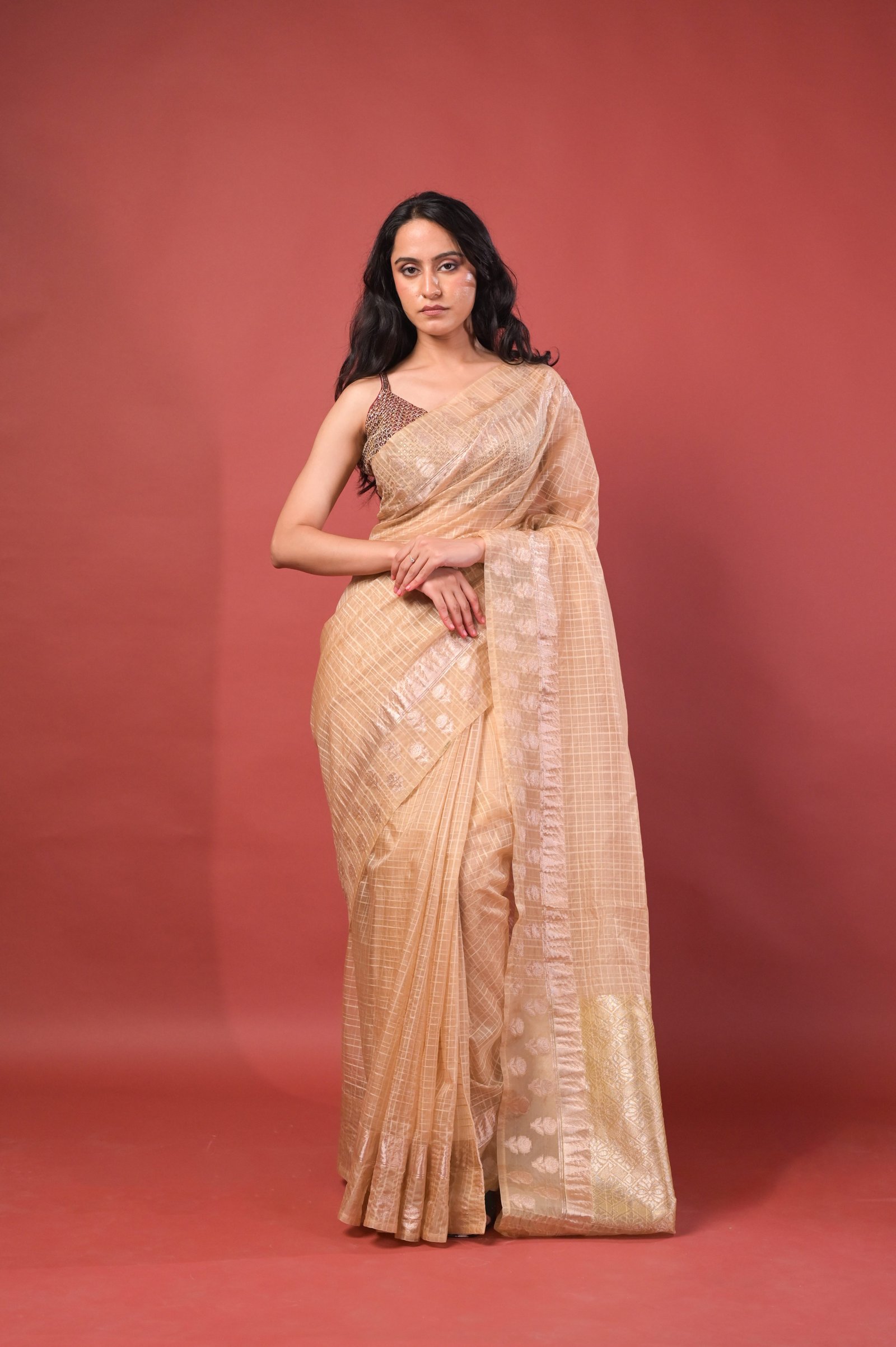 Elegant Check Pattern Sand Beige Banarasi Kora Saree with Blouse